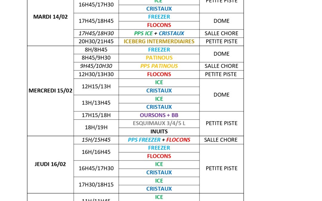 Planning des vacances de Février 2023