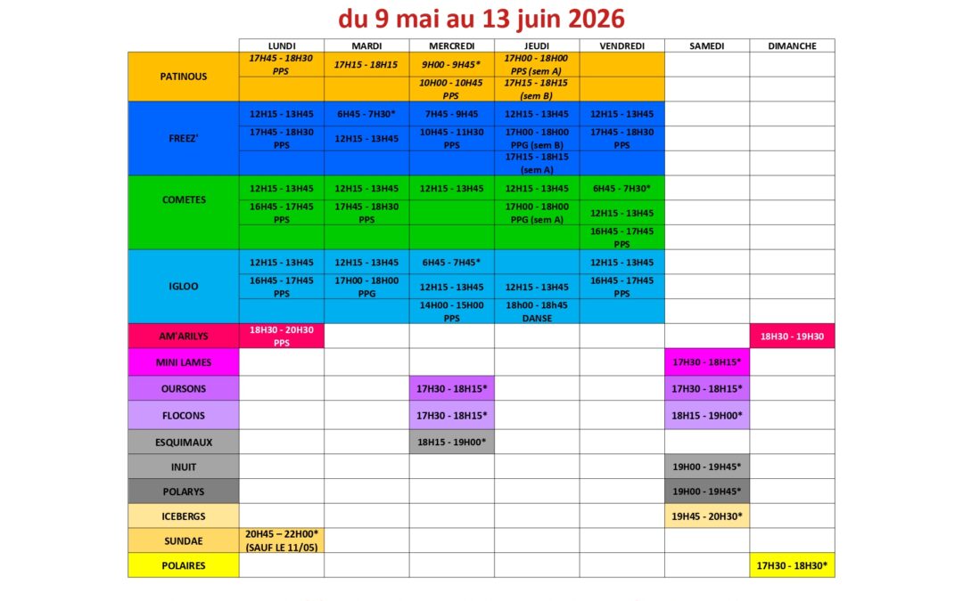 Planning Fin de Saison 2026 à compter du 9 mai